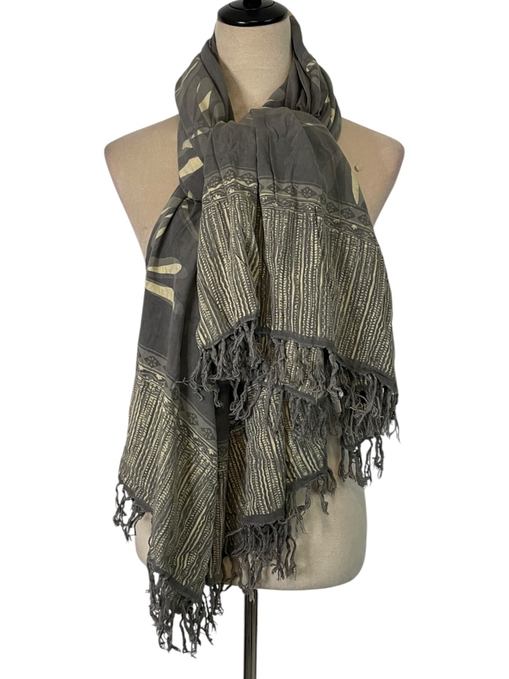 Charcoal Gray Cream Dragonfly Print Fringe Scarf Shawl Wrap